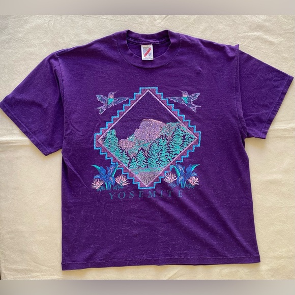 Jerzees Tops - Vintage Jerzees Purple Sparkle Printed Graphic Tee Yosemite Large Casual USA